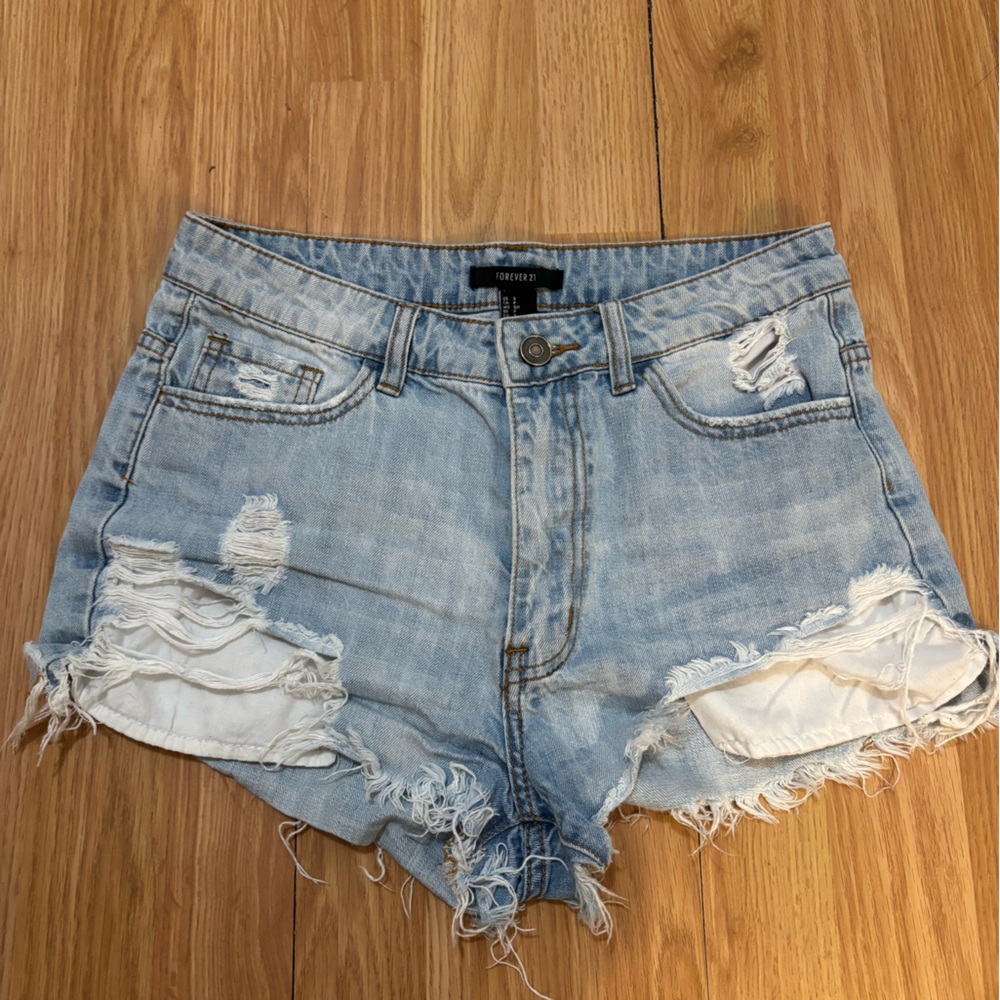 Forever 21 Light Blue Ripped Jean Shorts